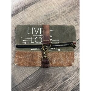 Mona B Live Love Wander Upcycled Canvas Foldover Clutch Bag Olive Brown Leather